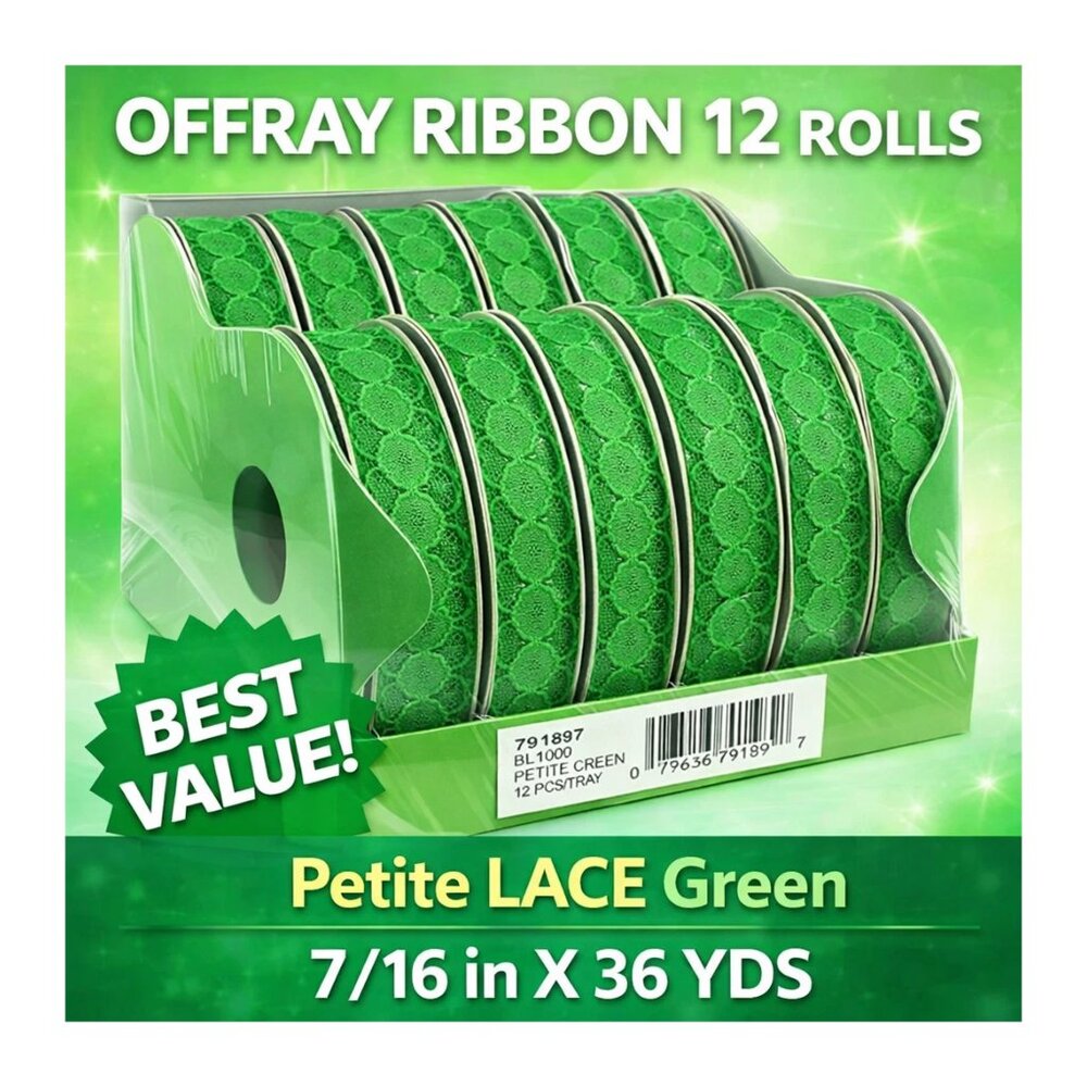 OFFRAY RIBBON 12 ROLLS Petite LACE Green 7/16 in X 36YDS Nylon Trim Crafts